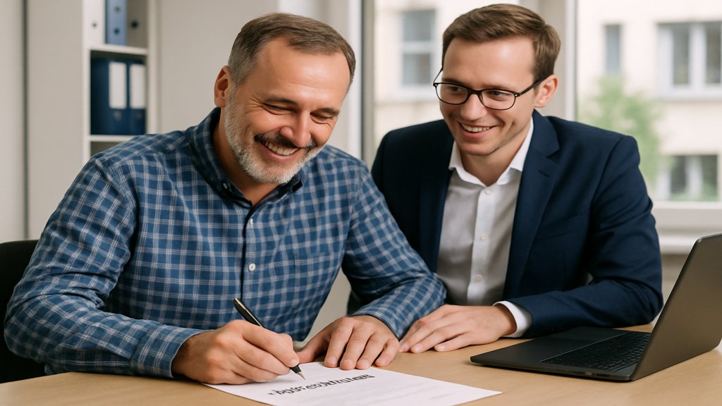 Ein Unternehmer unterschreibt einen Förderantrag mit Unterstützung eines Beraters.