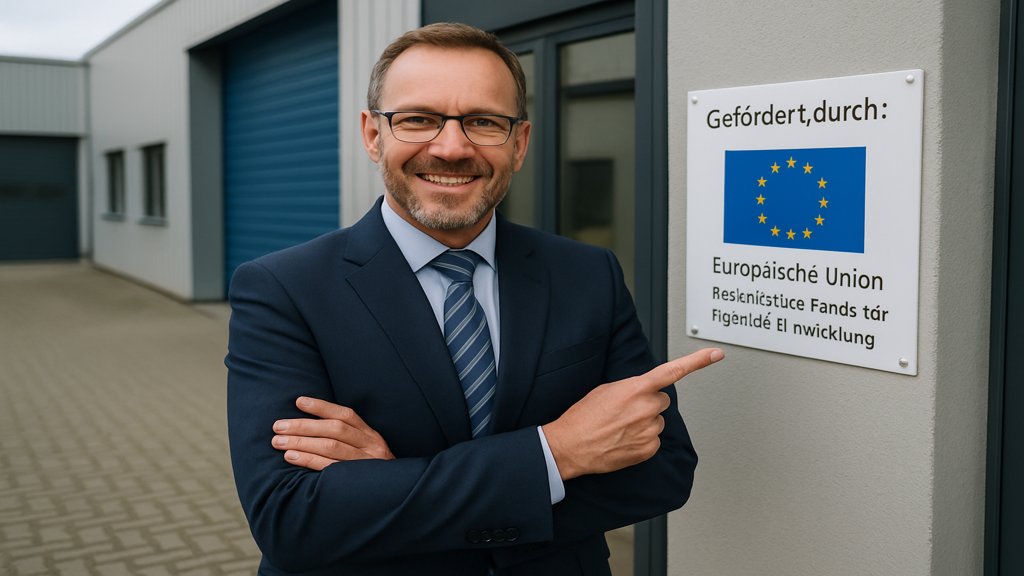 Ein Unternehmer vor seinem Betrieb zeigt stolz auf eine Plakette über eine erhaltene Förderung.