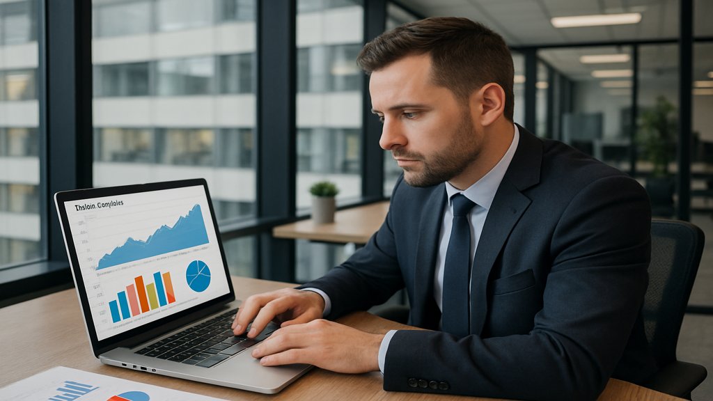 Ein Vertriebsmitarbeiter analysiert Verkaufsdaten am Laptop.