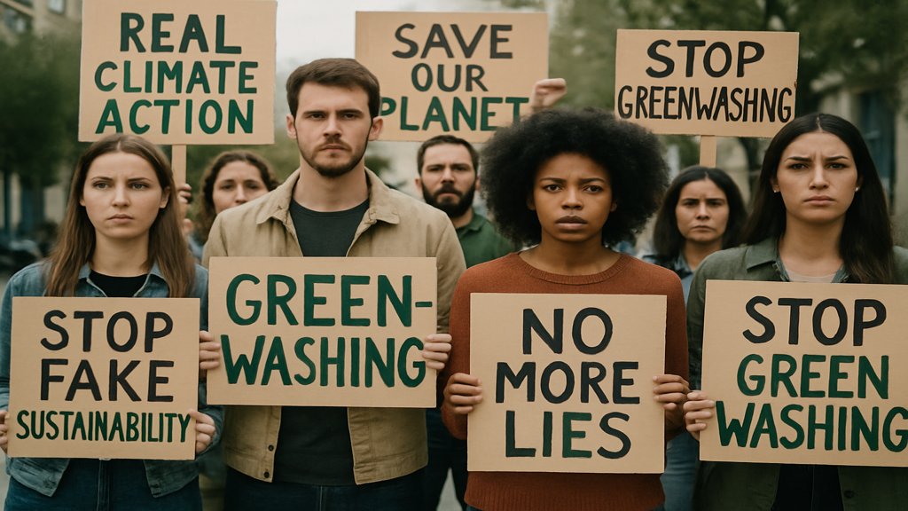 Eine Demonstration gegen Greenwashing mit engagierten Menschen und Plakaten.