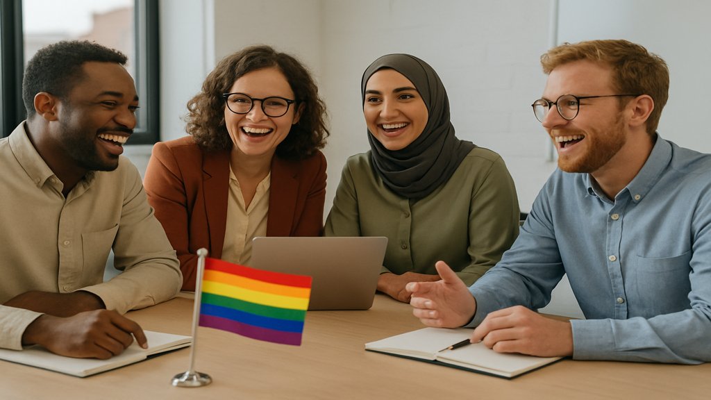 Eine diverse Gruppe von Mitarbeitern in einem Meetingraum mit einer Pride-Flagge auf dem Tisch.