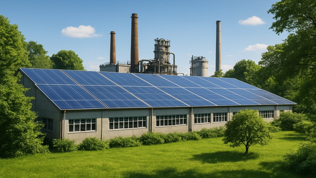 Eine Fabrik mit Solarpanelen und grüner Umgebung als Symbol für CSR.