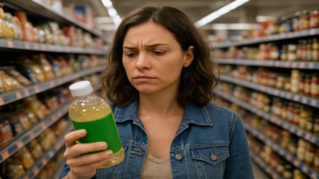 Eine Frau, die ein Produkt mit einem grünen Label kritisch betrachtet.