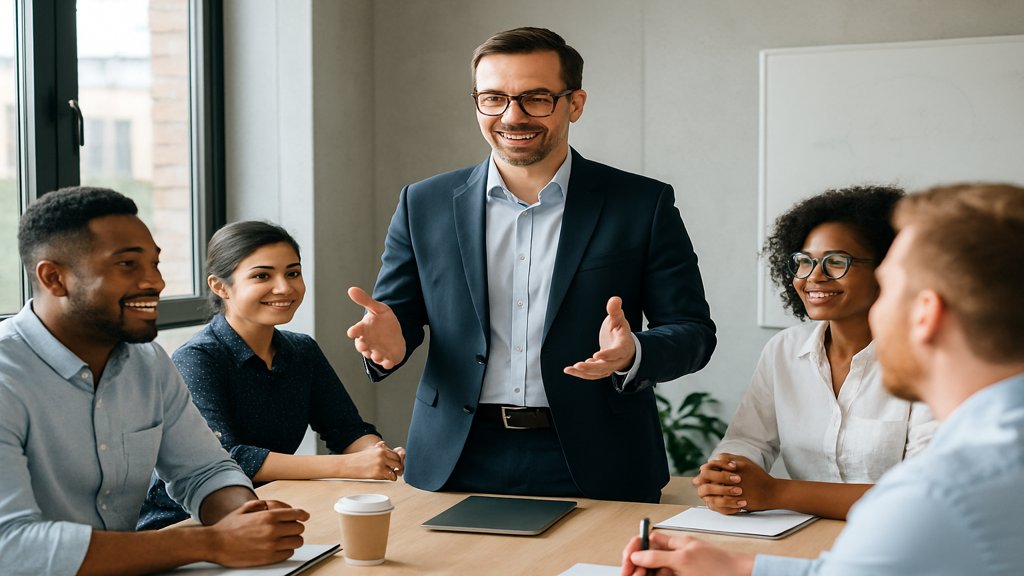 Eine Führungskraft leitet ein Teammeeting mit einem diversen Team.