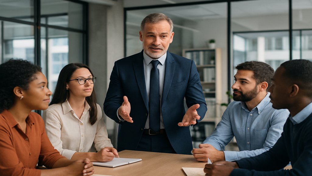 Eine Führungskraft spricht mit einem diversen Team.