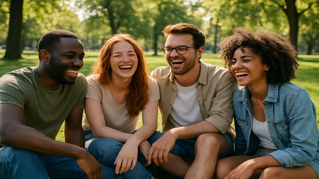 Eine Gruppe von Freunden genießt ihre Freizeit in einem sonnigen Park.