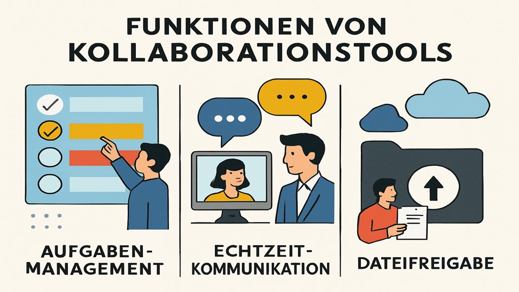 Eine Infografik, die die Funktionen von Kollaborationstools darstellt.