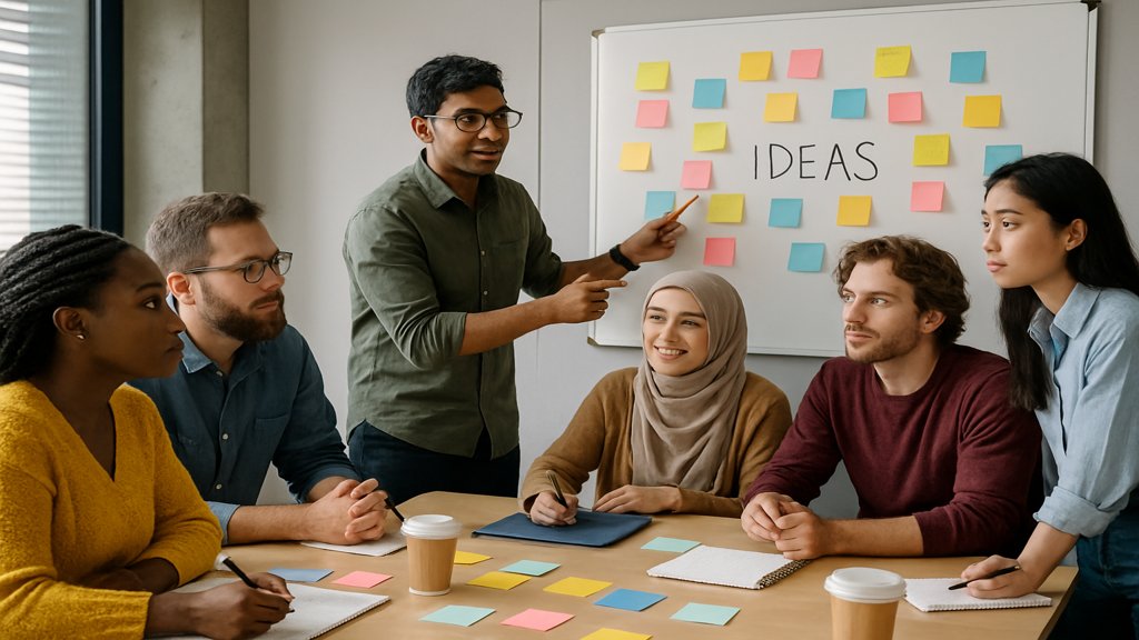 Eine multikulturelle Gruppe in einem Konferenzraum bei einer Brainstorming-Session.
