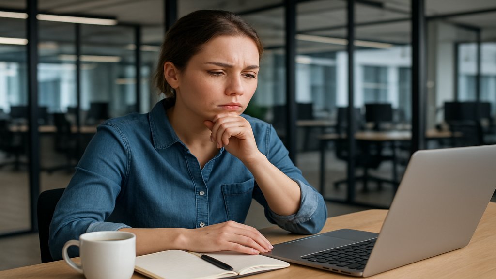 Eine nachdenkliche Person vor einem Laptop, die mögliche Veränderungen evaluiert.