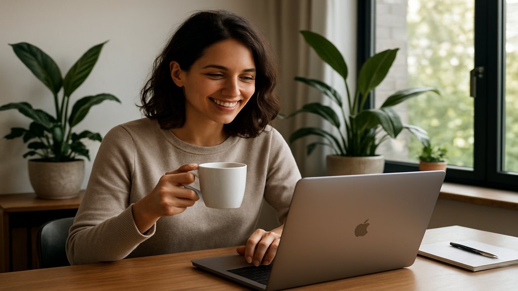 Eine Person arbeitet entspannt in einem modernen Homeoffice mit natürlichem Licht.