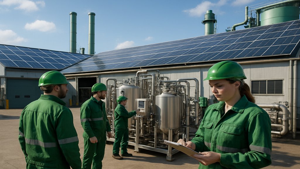 Eine Produktionsanlage mit Solarpanels und Mitarbeitern in nachhaltiger Arbeitskleidung.