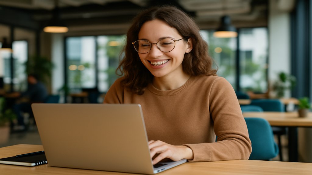 Eine selbstständige Frau arbeitet in einem Co-Working-Space.