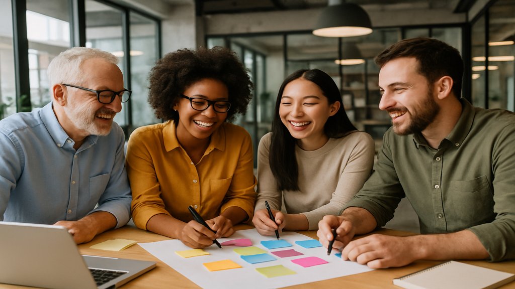 Engagierte Mitarbeiter beim Brainstorming in einem modernen Büro.