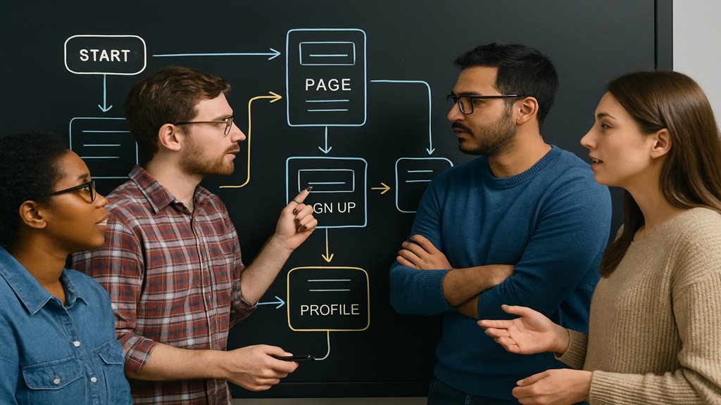 Entwicklerteam arbeitet an einer App-Struktur mit Low Code Tools.