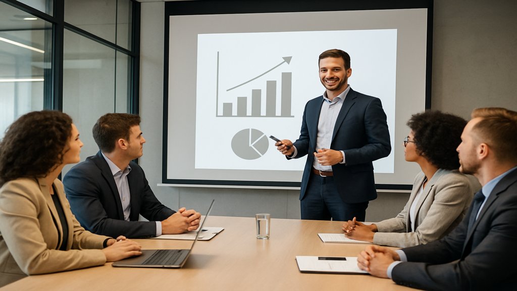 Führungskraft hält eine Präsentation vor ihrem Team in einem modernen Büro.