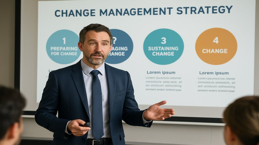 Führungskraft präsentiert Change Management Strategien im Meeting.
