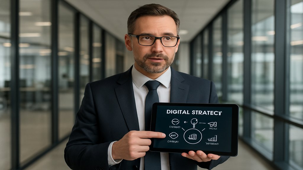 Führungskraft präsentiert digitale Strategie auf einem Tablet.
