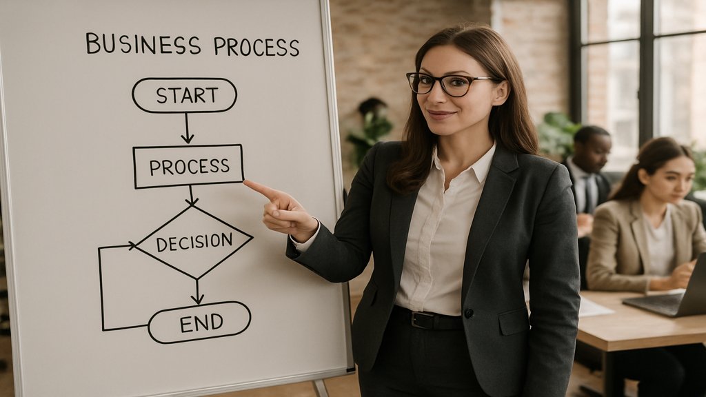 Geschäftsfrau erklärt ein Prozessdiagramm vor einem Team.