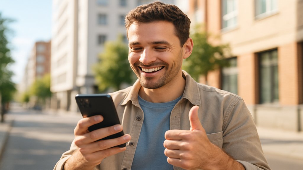 Glücklicher Kunde mit Smartphone, der eine positive Interaktion erlebt.