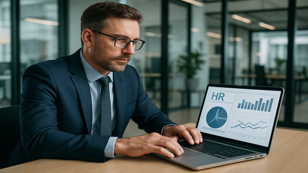 HR-Manager analysiert Daten auf einem Laptop in einem modernen Büro.