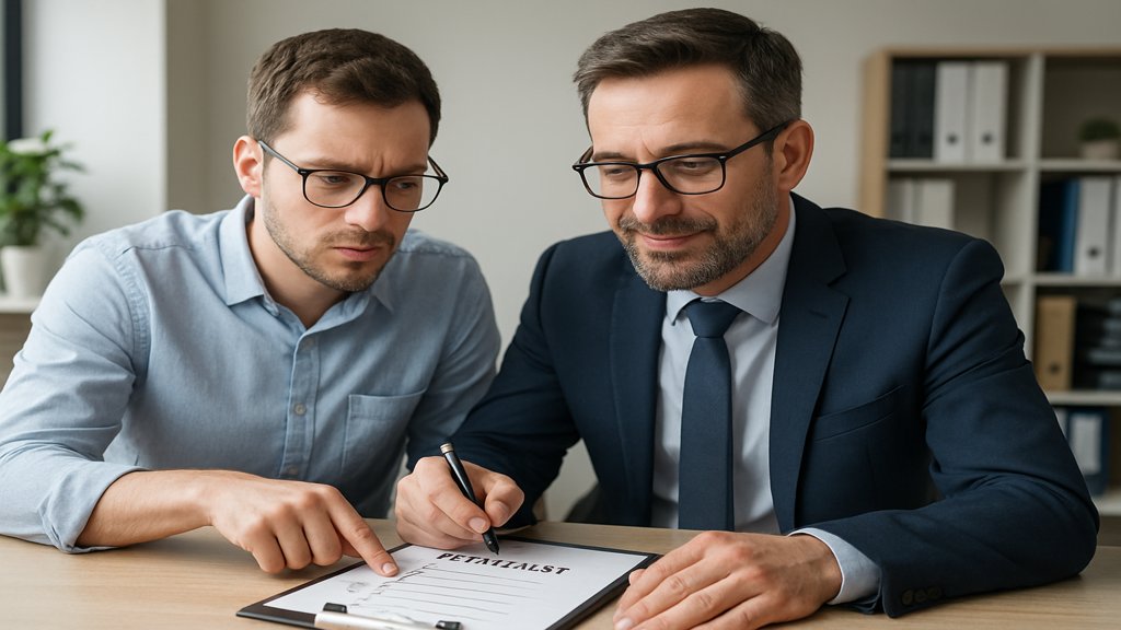 HR-Manager und Mitarbeiter bei der Besprechung einer Offboarding-Checkliste.