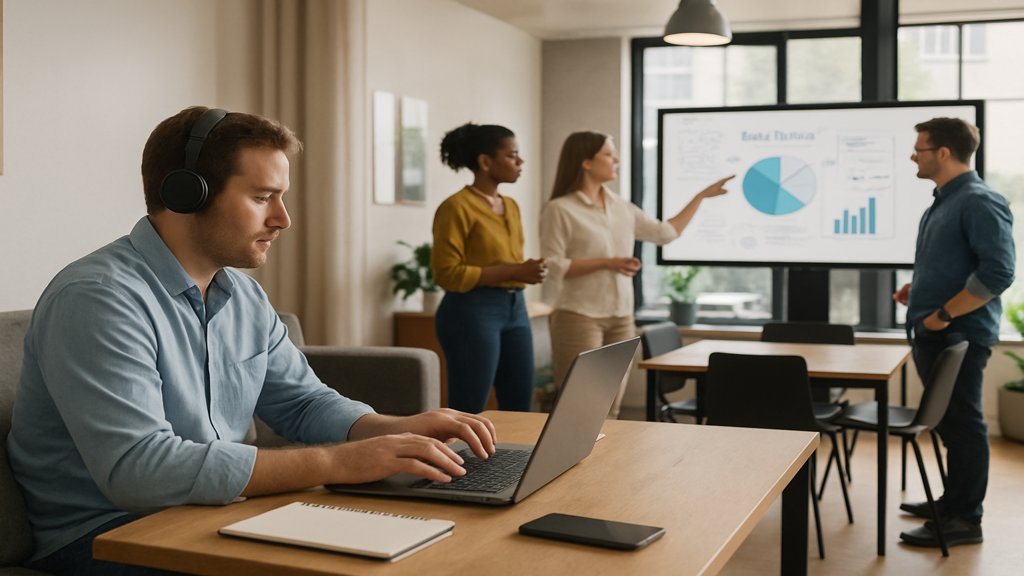 Hybride Arbeitsumgebung mit Homeoffice und Bürointegration.