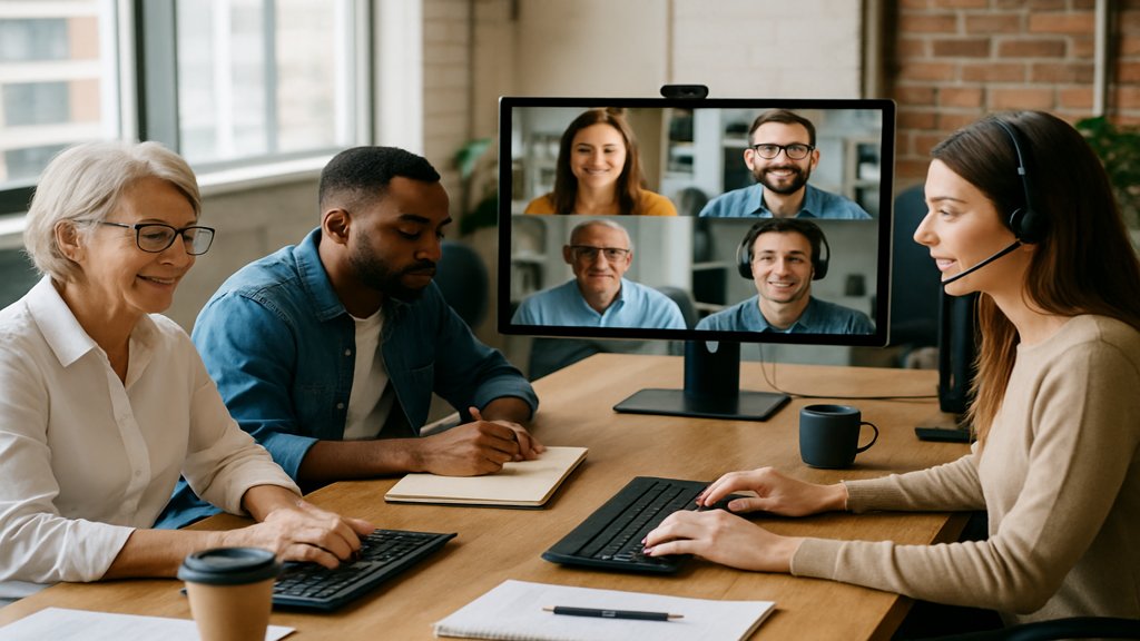 Hybrides Team bei der Zusammenarbeit in einem modernen Büro.