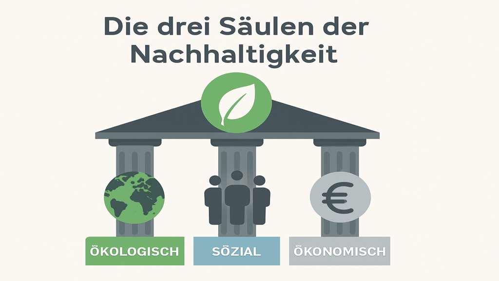 Infografik, die die drei Säulen der Nachhaltigkeit zeigt: ökologisch, sozial und ökonomisch.