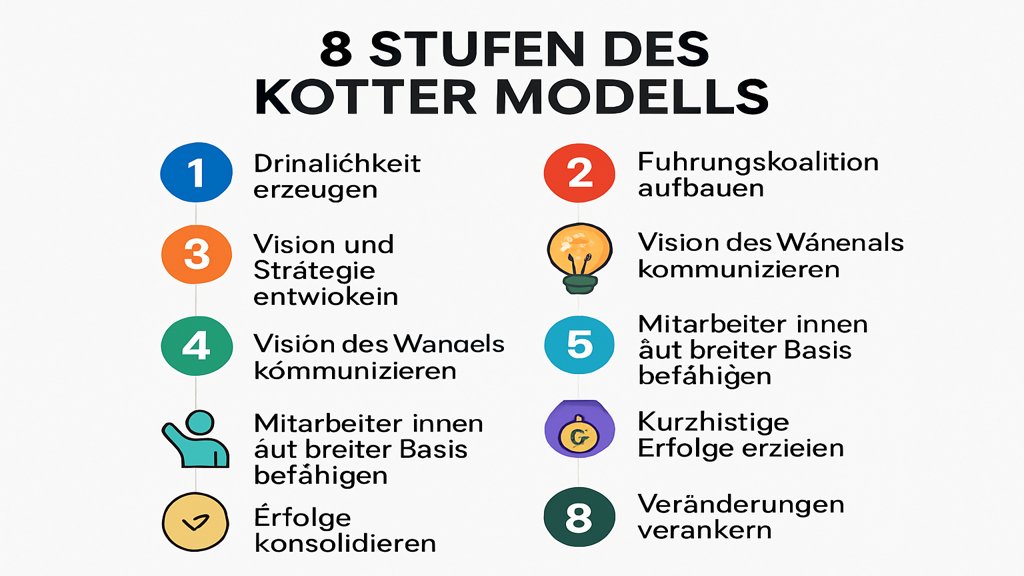 Infografik mit den 8 Stufen des Kotter Modells.
