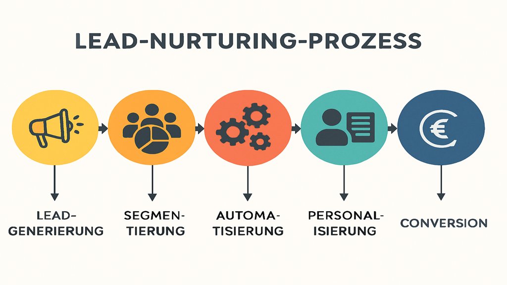 Infografik mit den fünf Schritten des Lead-Nurturing-Prozesses im B2B.