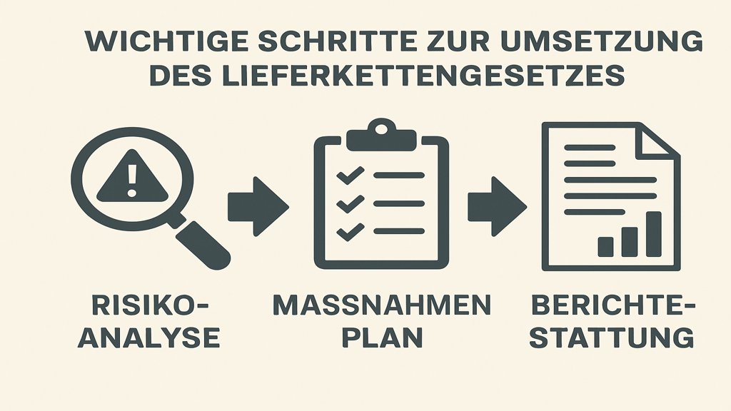 Infografik mit den Schritten zur Umsetzung des Lieferkettengesetzes.