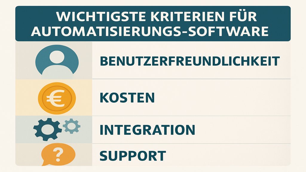 Infografik mit den wichtigsten Kriterien für die Auswahl von Automatisierungssoftware.