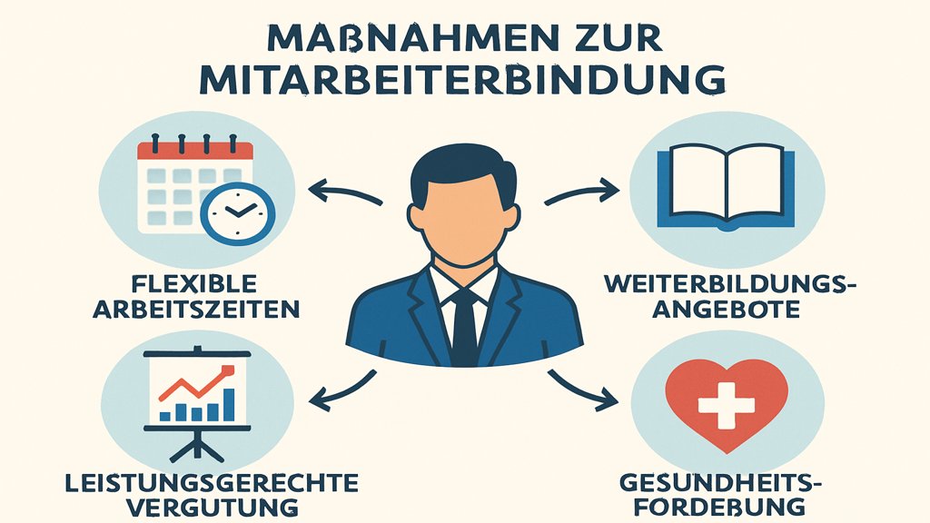 Infografik mit Maßnahmen zur Mitarbeiterbindung wie flexible Arbeitszeiten und Weiterbildung.