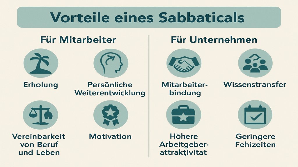Infografik mit Vorteilen eines Sabbaticals für Mitarbeiter und Unternehmen.