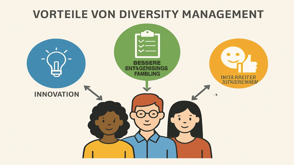 Infografik mit Vorteilen von Diversity Management wie Innovation und Mitarbeiterzufriedenheit.
