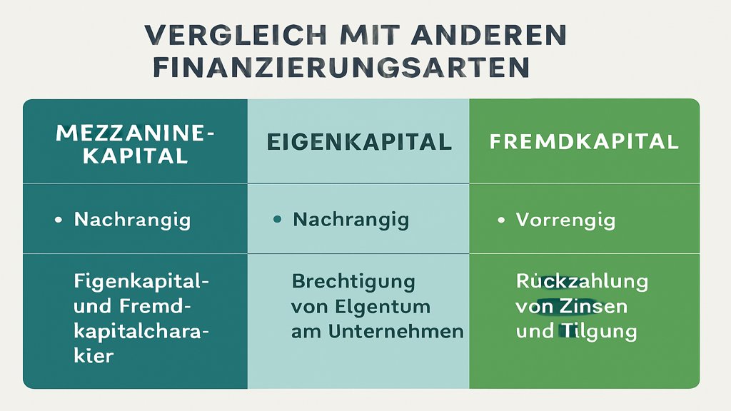 Infografik: Vergleich von Mezzanine Kapital mit anderen Finanzierungsarten.
