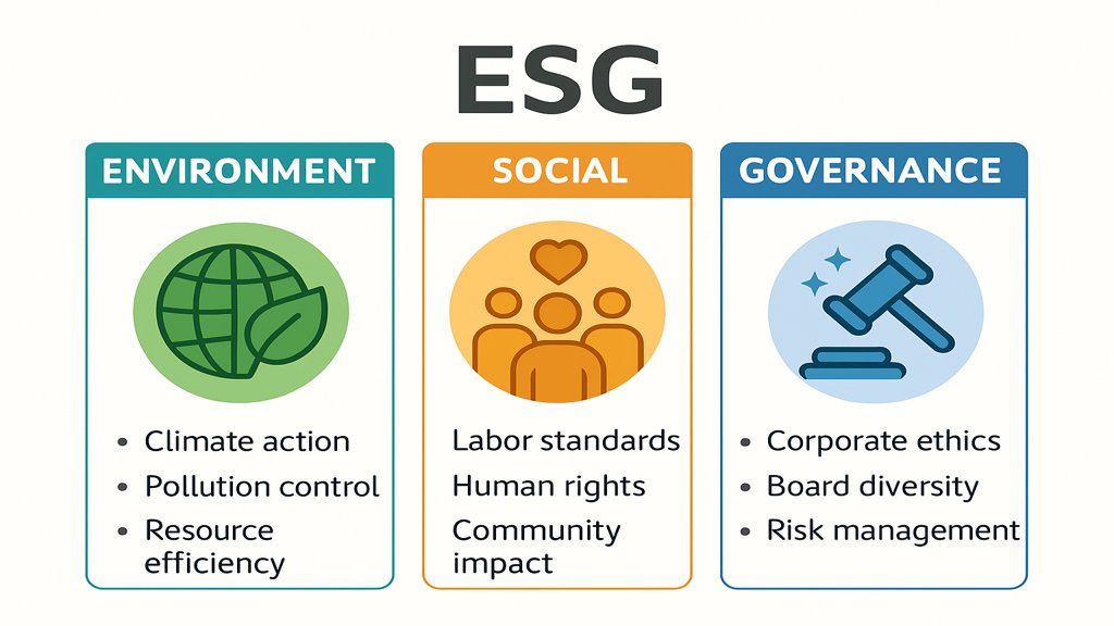 Infografik zu den drei ESG-Bereichen: Umwelt, Soziales und Unternehmensführung.