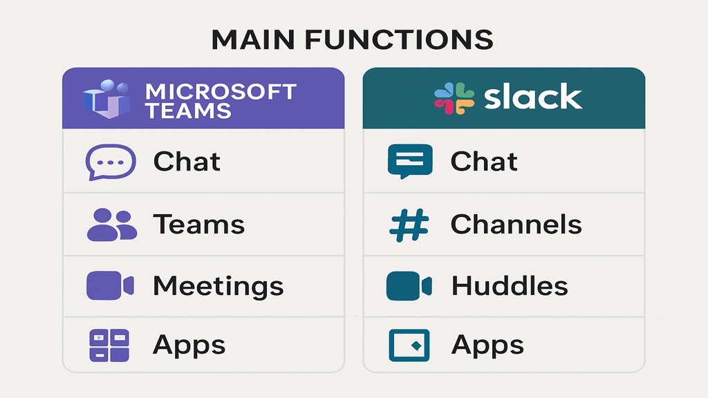 Infografik zum Vergleich der Hauptfunktionen von Microsoft Teams und Slack.