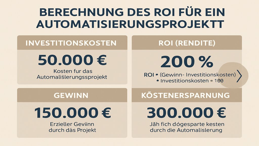 Infografik zur ROI-Berechnung für Automatisierungsprojekte mit wichtigen Kennzahlen.