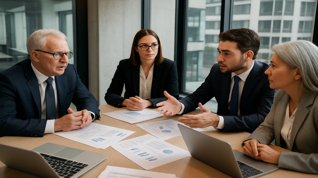 Investoren diskutieren über Unternehmensbeteiligungen.