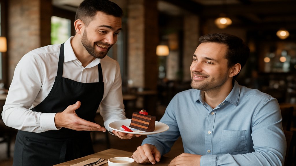 Kellner bietet Dessert als Upselling im Restaurant an.