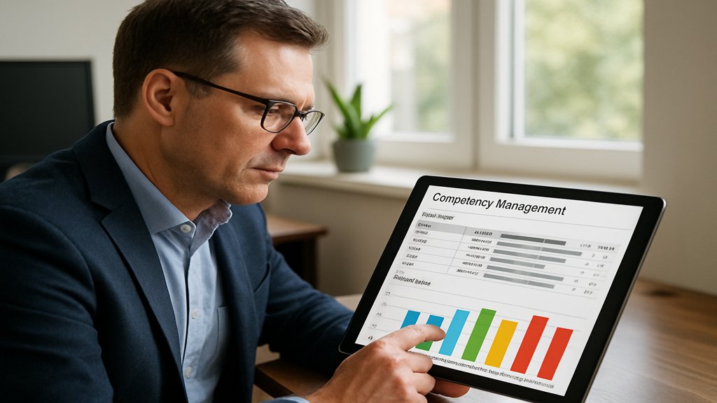 Manager analysiert Teamfähigkeiten mit einem Tablet und Kompetenzmanagement-Tool.