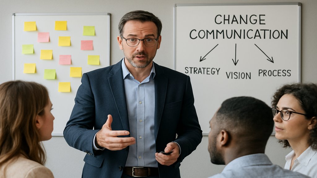 Manager erklärt einem Team die Strategie zur Veränderungskommunikation.