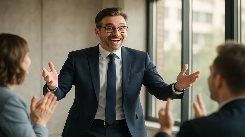 Manager hält motivierende Rede vor seinem Team.
