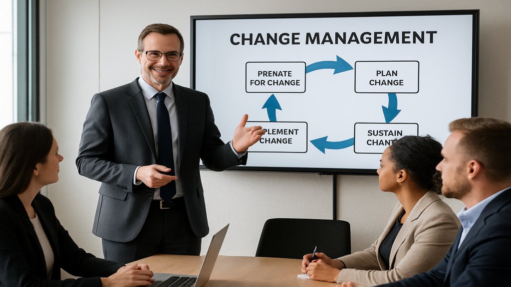 Manager präsentiert Change Management-Strategien vor einem Team.