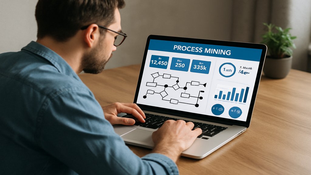 Mann arbeitet mit einem Prozessmining-Tool am Laptop.