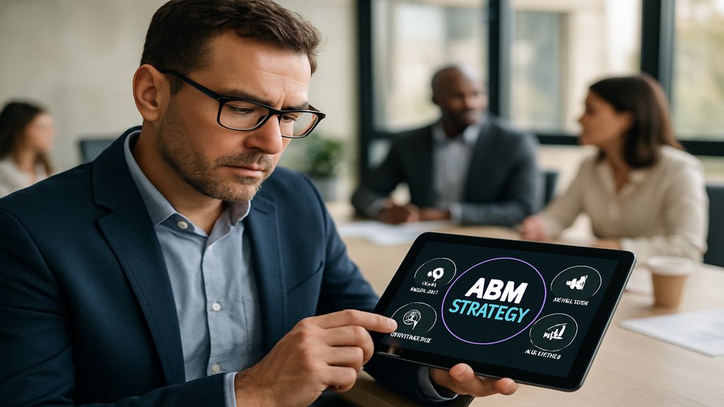Marketing-Manager, der eine ABM-Strategie auf einem Tablet plant.
