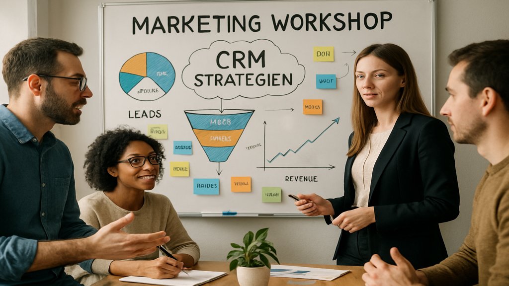 Marketing-Workshop mit Fokus auf CRM-Strategien und Teamarbeit.