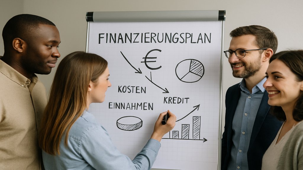 Menschen arbeiten an einem Flipchart mit einem Finanzierungsplan.