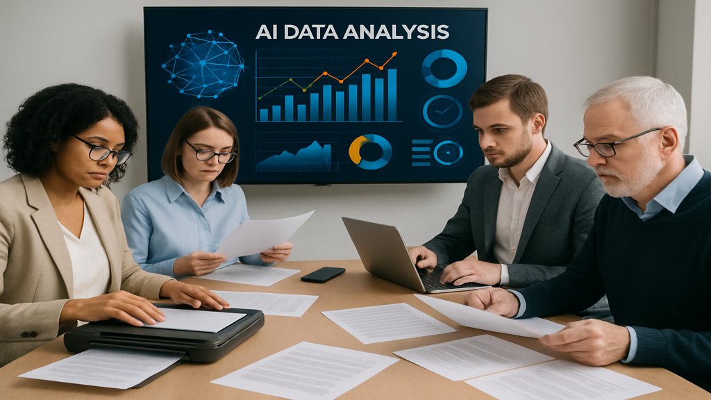 Menschen arbeiten zusammen an der digitalen Verarbeitung von Dokumenten mit KI-Unterstützung.